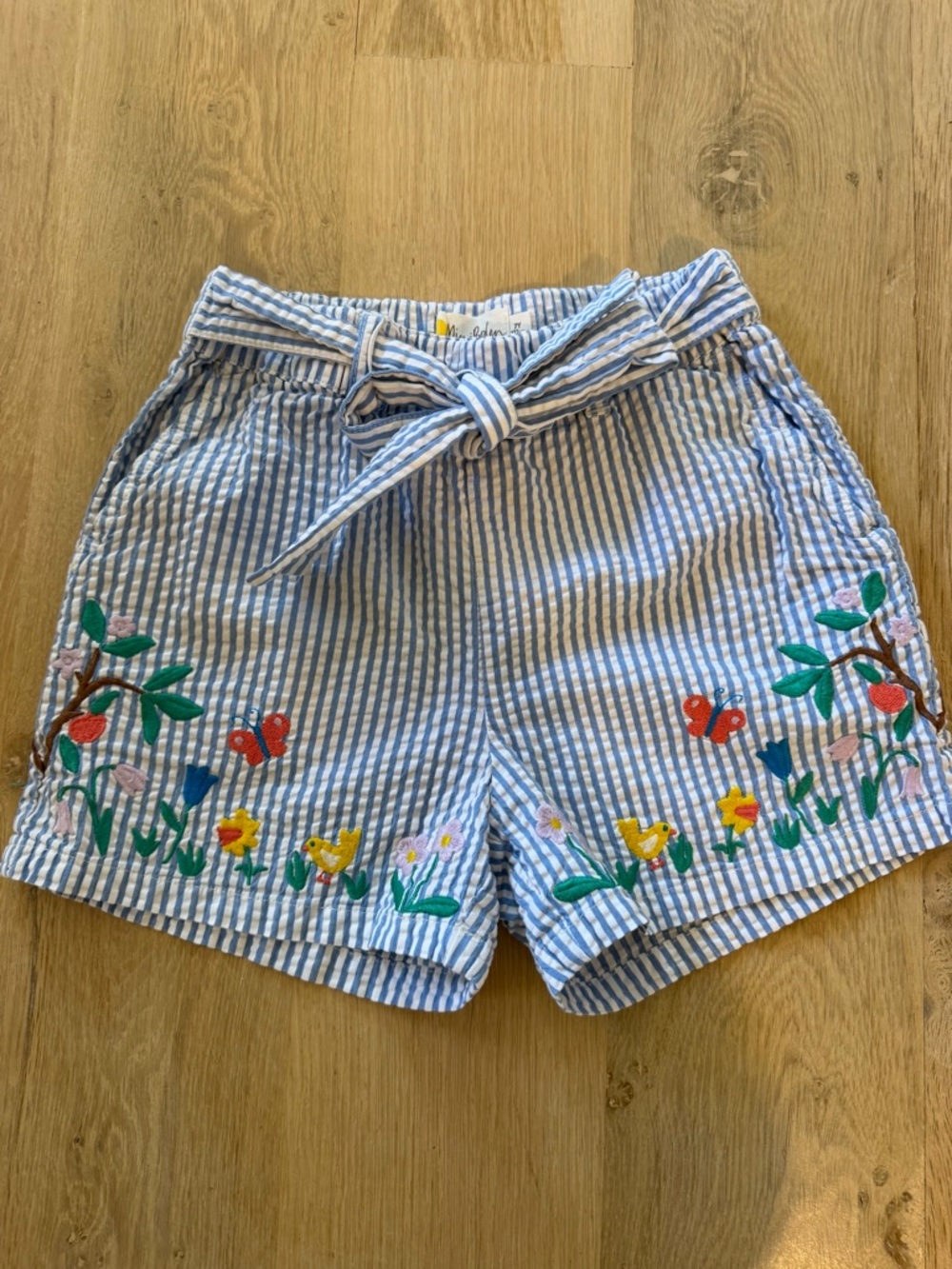 Boden Blue and White Striped Embroidered Floral Tie-Waist Shorts